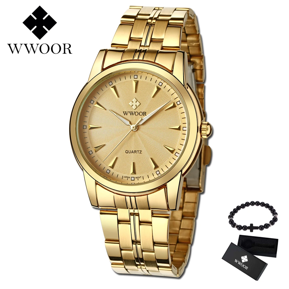 

relogio masculino WWOOR Luxury Brand Analog sports Wristwatch Display Men's Golden Quartz Watch Business Men Watch Free gift box
