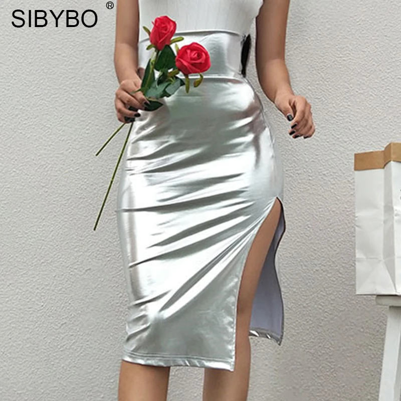Sibybo, высокая талия, с разрезом сбоку, сексуальные юбки для женщин, модная, на молнии, до середины икры, осенняя женская юбка,, уличная одежда, повседневные женские юбки