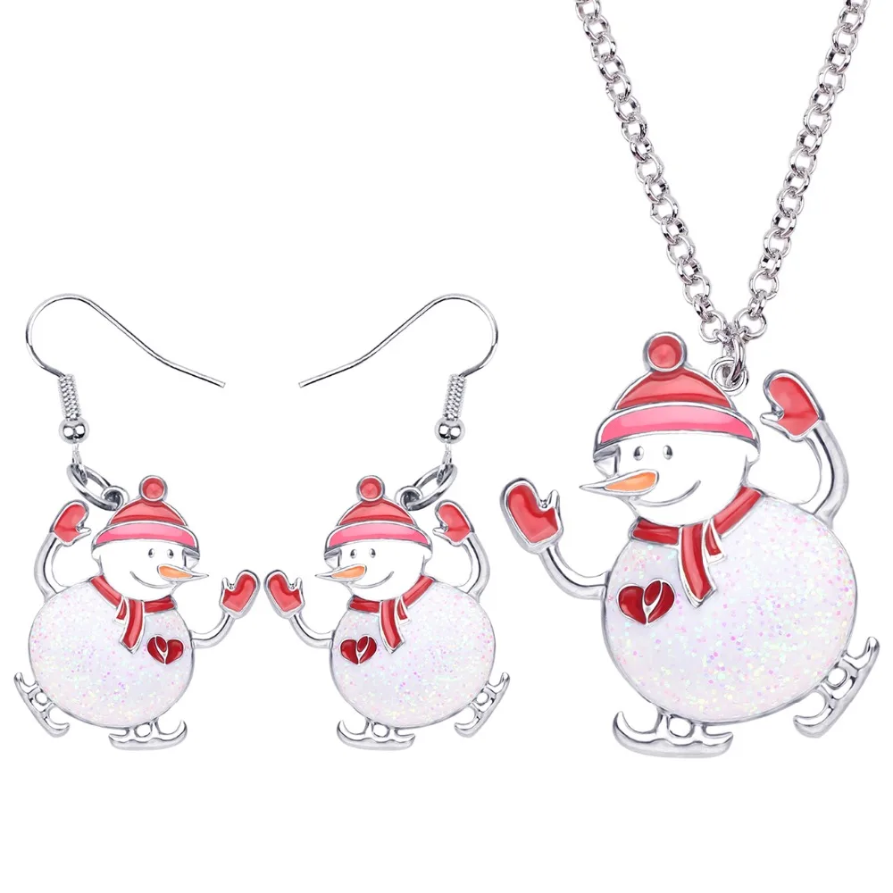 Bonsny Enamel Alloy Christmas Skiing Snowman Jewelry Sets Drop Earrings Necklace Pendant New Year Decoration For Women Girl Gift | Украшения