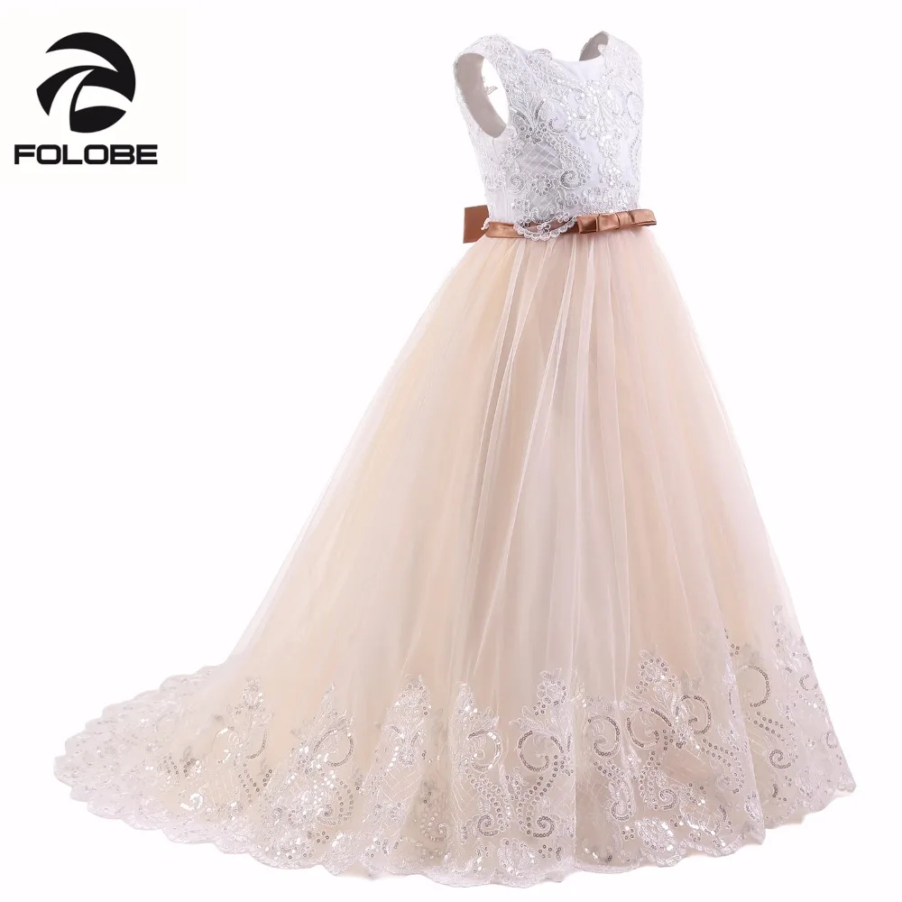 Свет Шампанское кружева Vestidos Блестки Бусы для девочек в цветочек платья свадьбы