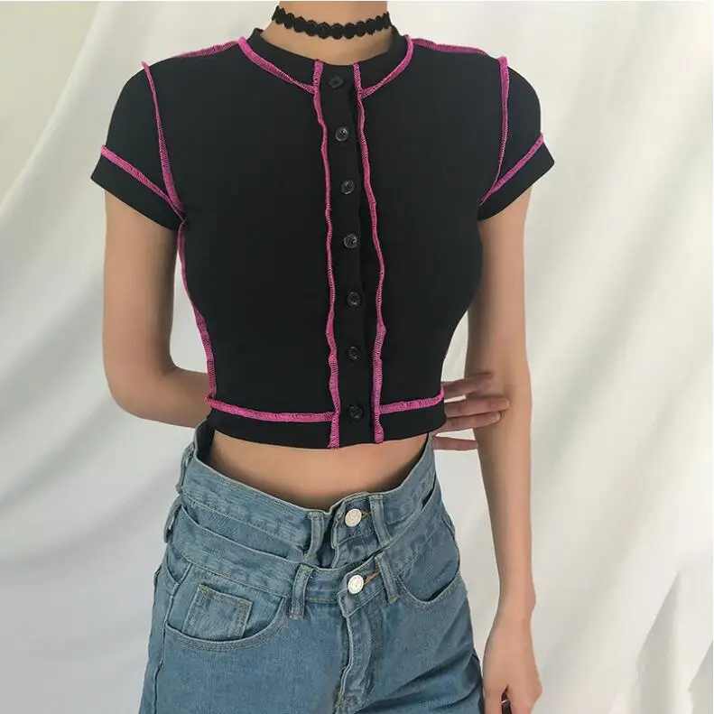 Harajuku Punk Ladies T Shirt Casual Short Sleeve Tee Women Basic Black Tshirts Cotton Button Summer | Женская одежда