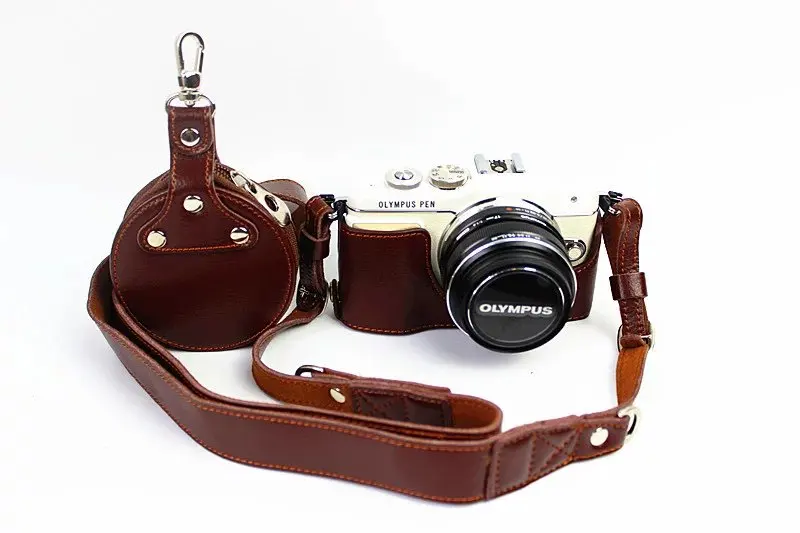 Coffee with strap Чехол для камеры из натуральной кожи для Olympus EPL7 E-PL7, половинный чехол, нижняя крышка корпуса+ кожаный ремешок+ мини кожаный чехол - Цвет: Coffee with strap