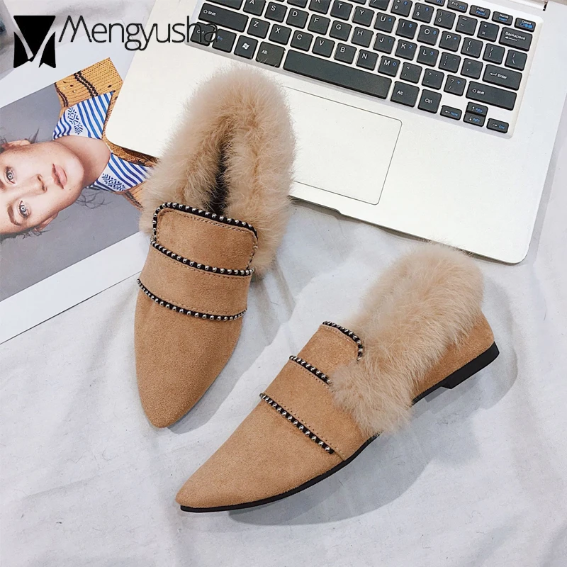 Флоковые туфли без задника с отделкой бисером на плоской подошве женские меховые