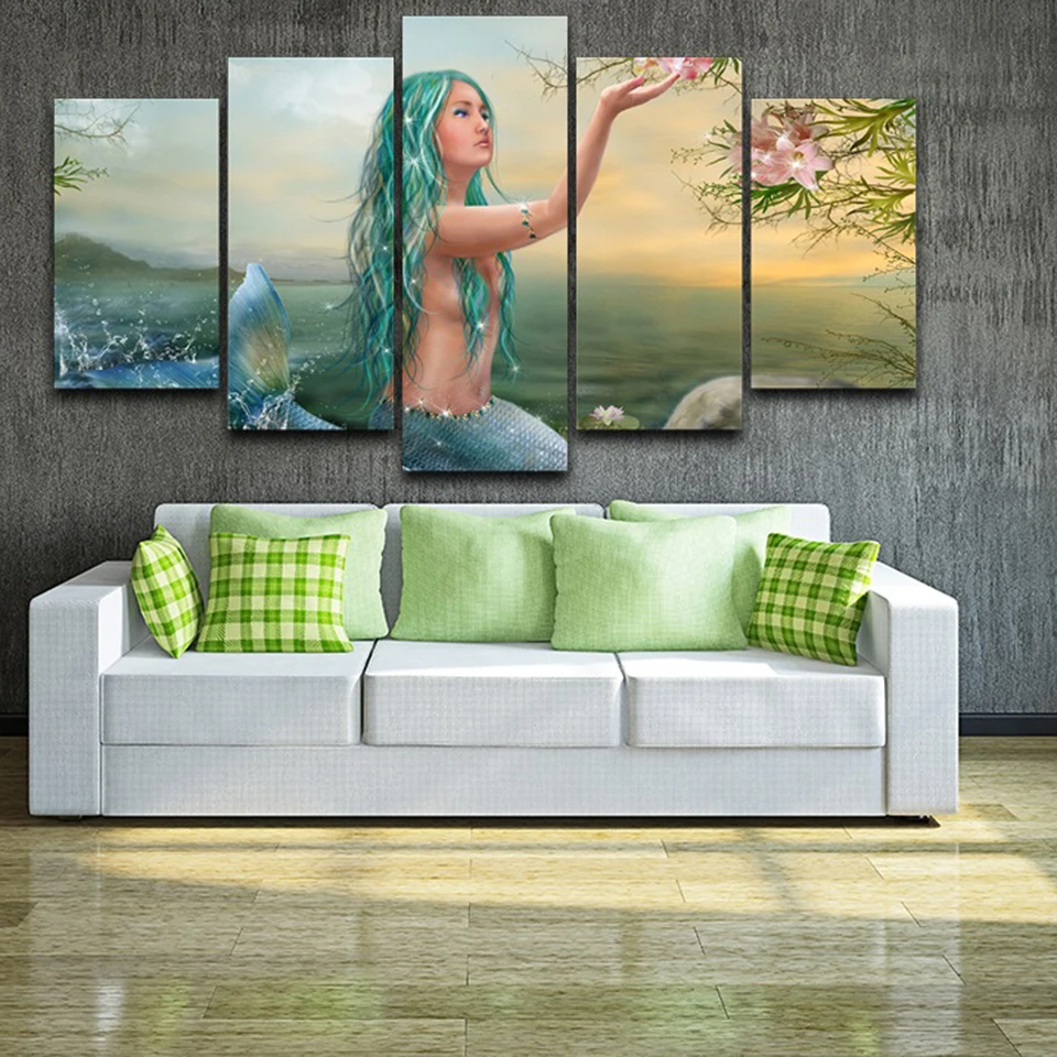 Плакат на холсте для гостиной HD печатные картины 5 панелей зеленая Haired Mermaid
