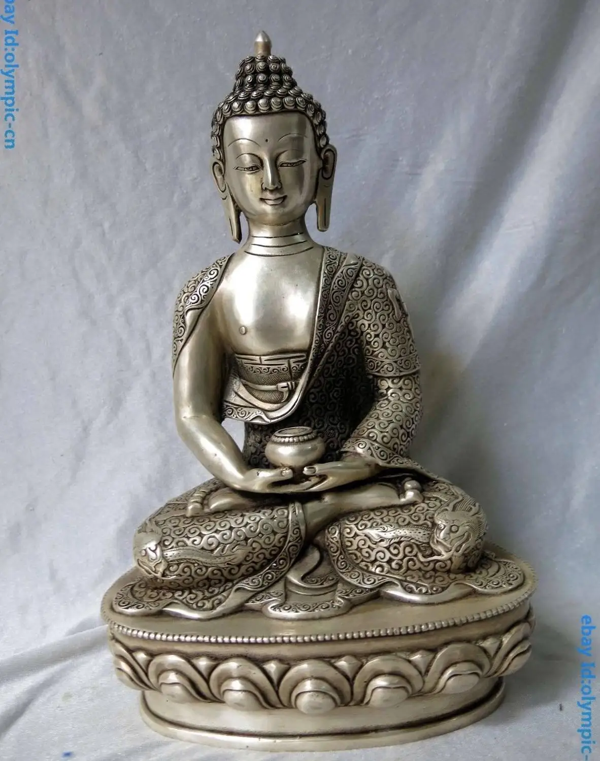 

14" China Silver dragon eight treasure Buddhism Medicine Buddha Sculpture Statue