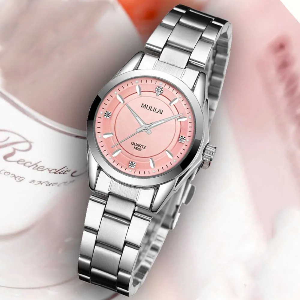 Мода кварцевые женские часы из нержавеющей стали горный хрусталь дамы платье