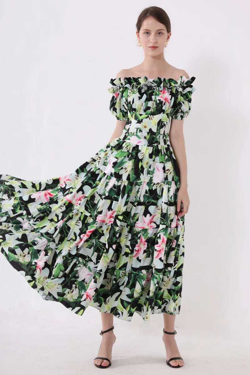 XF Boho Lily Green Flower Print Midi Dress Ruffled Short Sleeve 2019 Summer Leisure Beach Party Holiday Cake Style Elegant | Женская