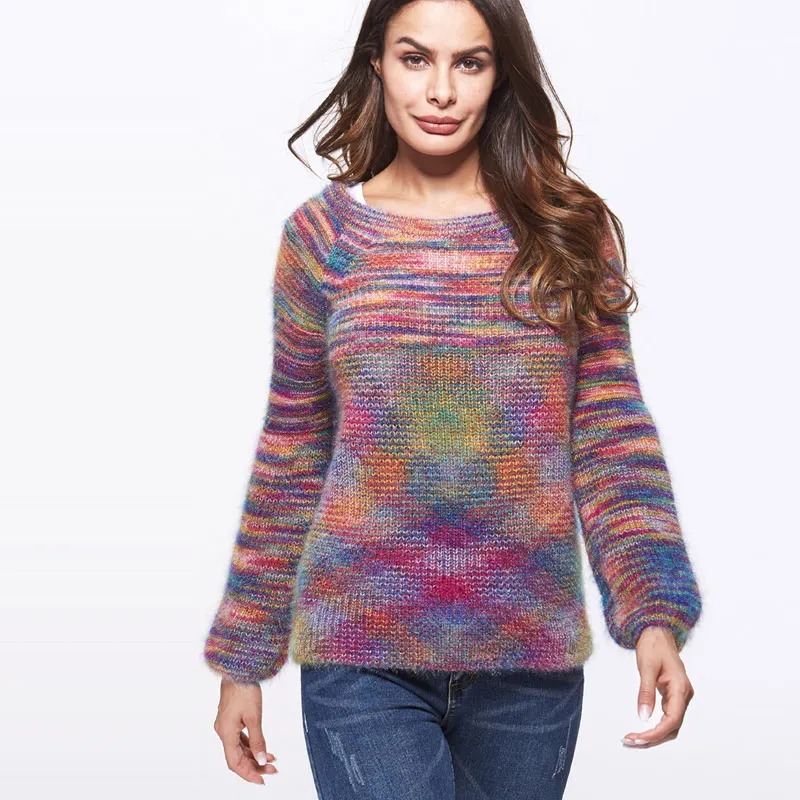 QIUXUAN Autumn Winter Women Sweater Multicolor Gradient O Neck Long Sleeve Pullover Female Warm Fashion | Женская одежда