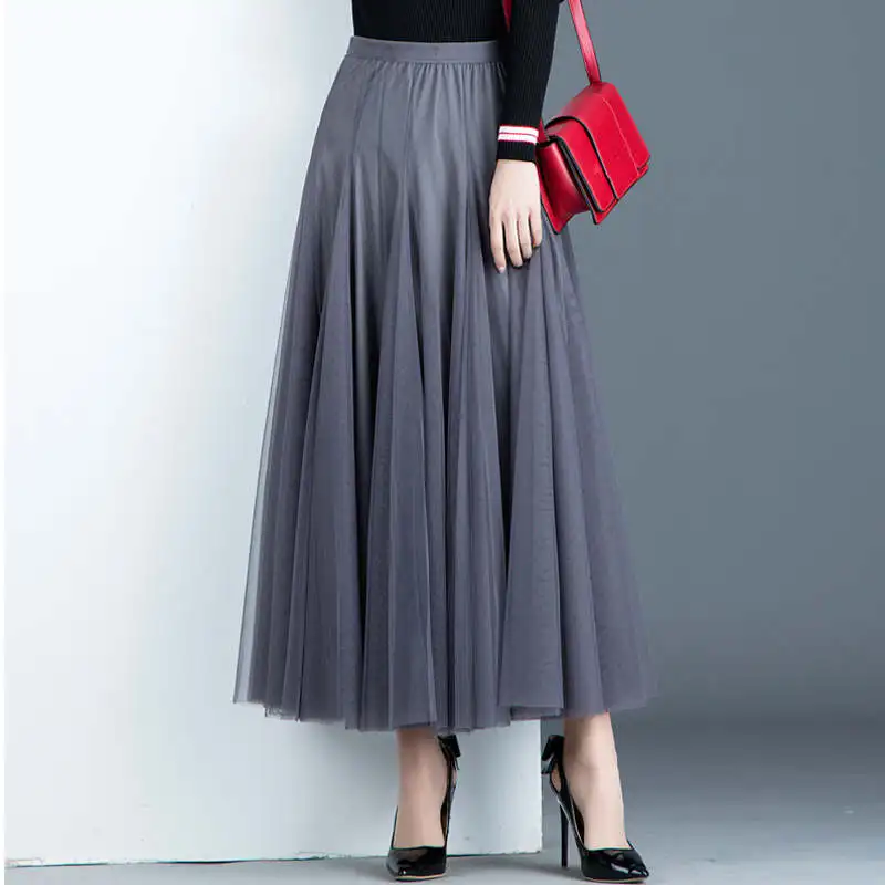 Gray Black Long Tulle Skirt Women Jupe Femme Maxi High Waist Elegant Saias Spring Summer Mesh Pleated Falda C4611 | Женская одежда