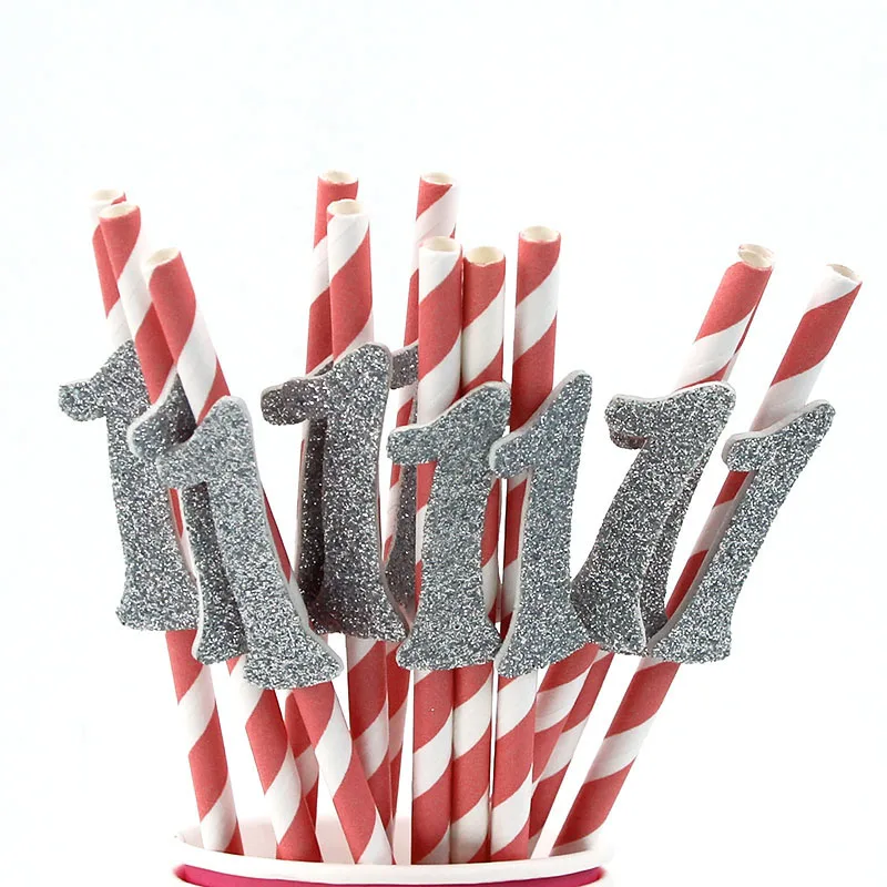Silver 1 pink straw WEIGAO, 12 шт., 1-й день рождения, номер "1", бумажная соломинка для питья, девичья вечеринка, первый день рождения, украшения, блестящая соломинка, 1 соломинка - Цвет: Silver 1 pink straw