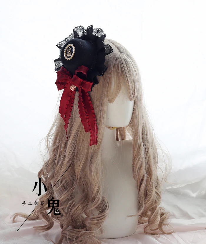Small top hat Готическая заколка в Стиле Лолита, кружевной черный топ, головной убор с бантом, темно-красная черная Брошь Шпилька, 12 цветов - Цвет: Small top hat
