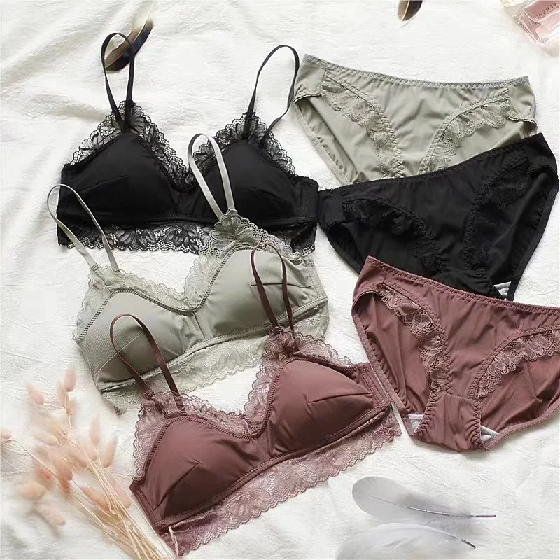 Wriufred Wire Free Sexy Lace Lingerie Set Female Summer Underwear Ultra-thin Comfortable Thread Simple Light Luxury Bra Sets