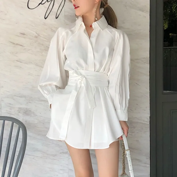 Женский комплект из двух предметов белая блузка с длинным рукавом фонариком и