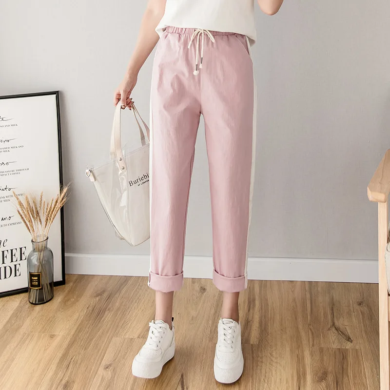 pink Русская модная леди Хлопковые льняные брюки до щиколотки женские весенне-летние повседневные брюки-дудочки женские брюки в полоску зеленый розовый - Цвет: pink
