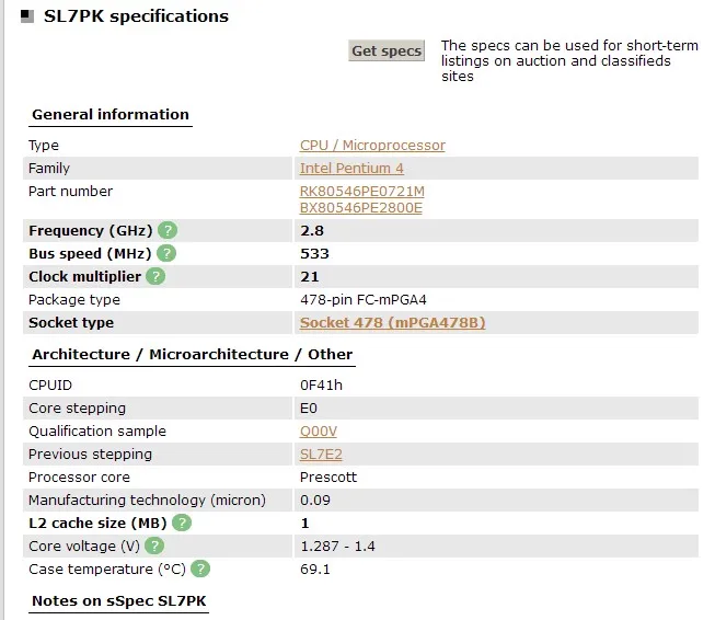 Intel Pentium 4 2.8GHz P4 2.8G Socket 478 1M 533 SL7PK EO specifications 2.8 Desktopprocessor CPU | Компьютеры и офис