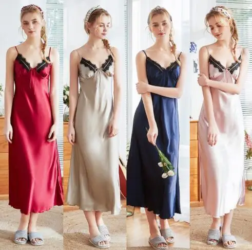 Рубашка ночная женская шелковая без рукавов с V-образным вырезом цвет в