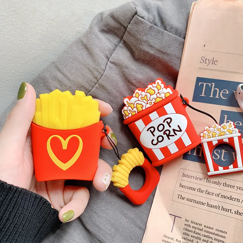 Fashion French fries Popcorn Design Silicone Soft Bluetooth Wireless Earphone Cover For Apple Airpods 1 2 Case With Match Ring |
