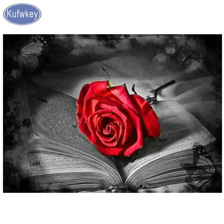 5D DIY Алмазная вышивка красная роза книги пейзаж картина выложенная алмазами