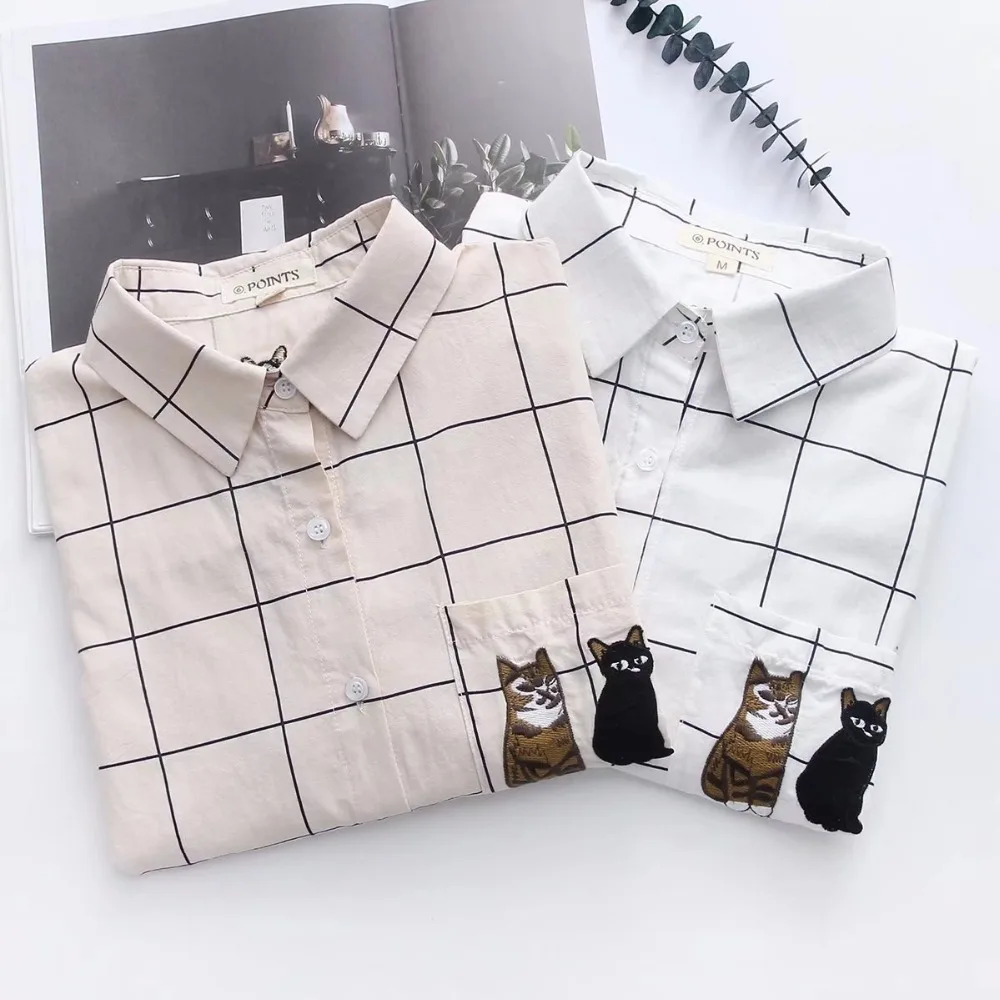 plaid Cute pocket cat embroidery long sleeve shirt blouse mori girl 2018 spring |