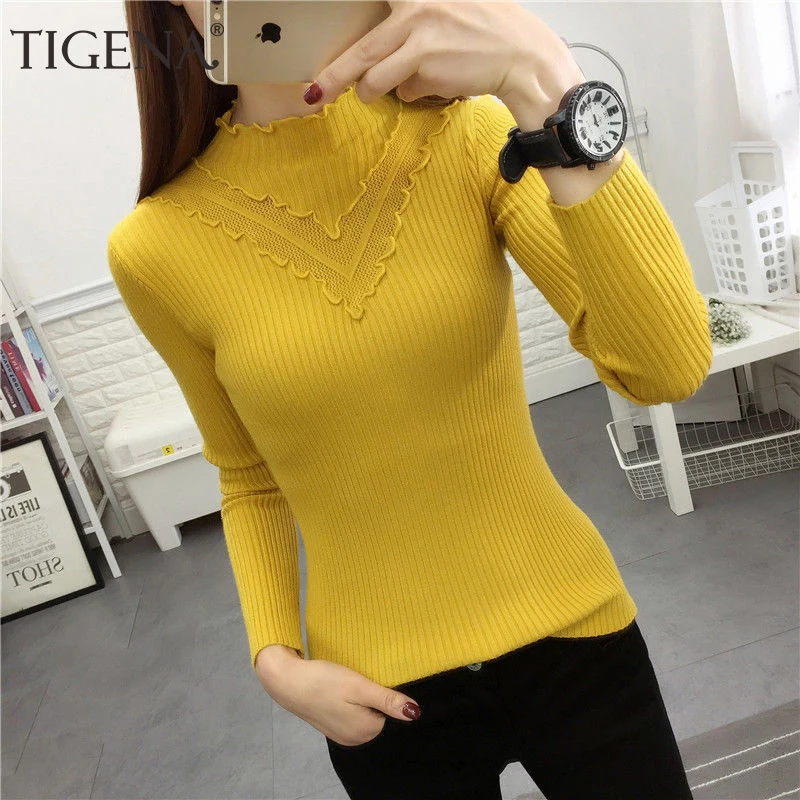 TIGENA Elastic Slim Autumn Winter Turtlenck Pullover Sweater Women 2019 Korean Long Sleeve Knitted Jumper Female Ladies | Женская одежда