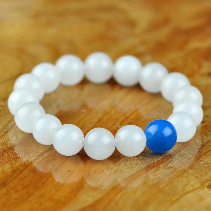 ~! Мода 10 мм Белый Нефрит и голубой агат Бисер Браслет Эластичный (A0426) | Украшения