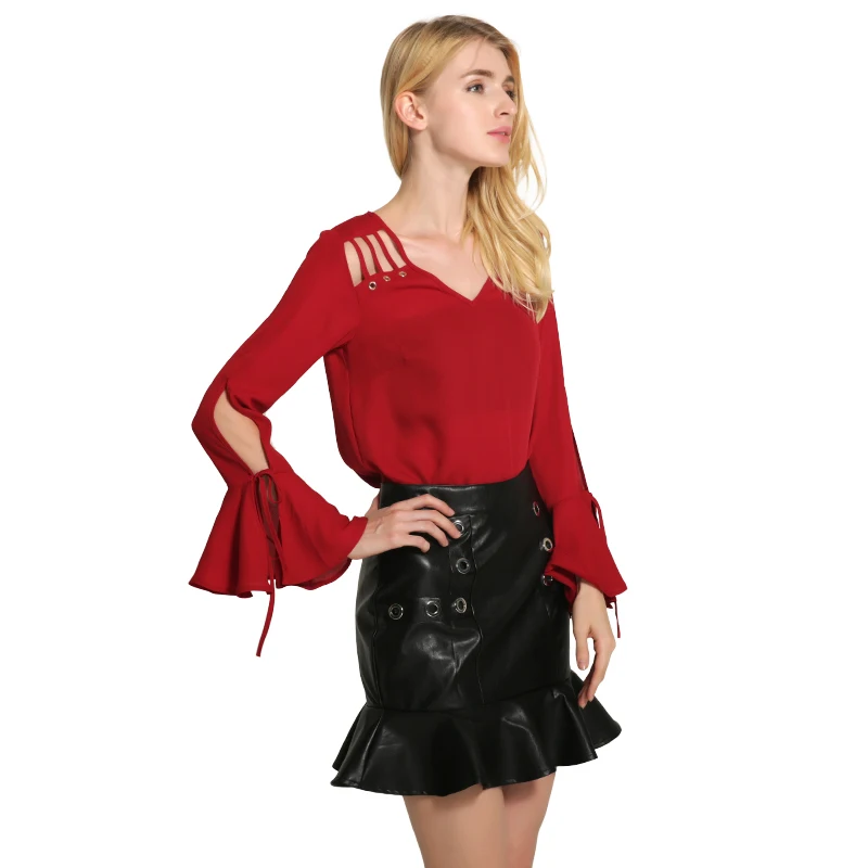 Мода Женщины Шифон Блузки Рубашки С Длинным Рукавом Blusas Mujer Твердые Выдалбливают