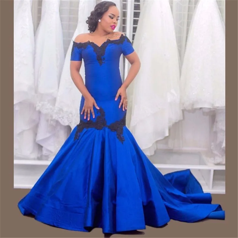 

Luxuries Amazing 2019 Mermaid Prom dress Royer Blue Boat Neck Court Train Short Sleeve Satin vestido de festa Long Prom Dresses