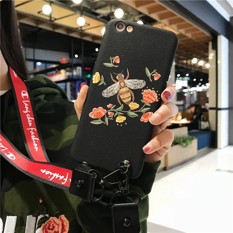 Черный мягкий чехол из ТПУ с вышивкой бабочки и пчелы для iphone8 7 6 6S PLUS X 5 SE телефона