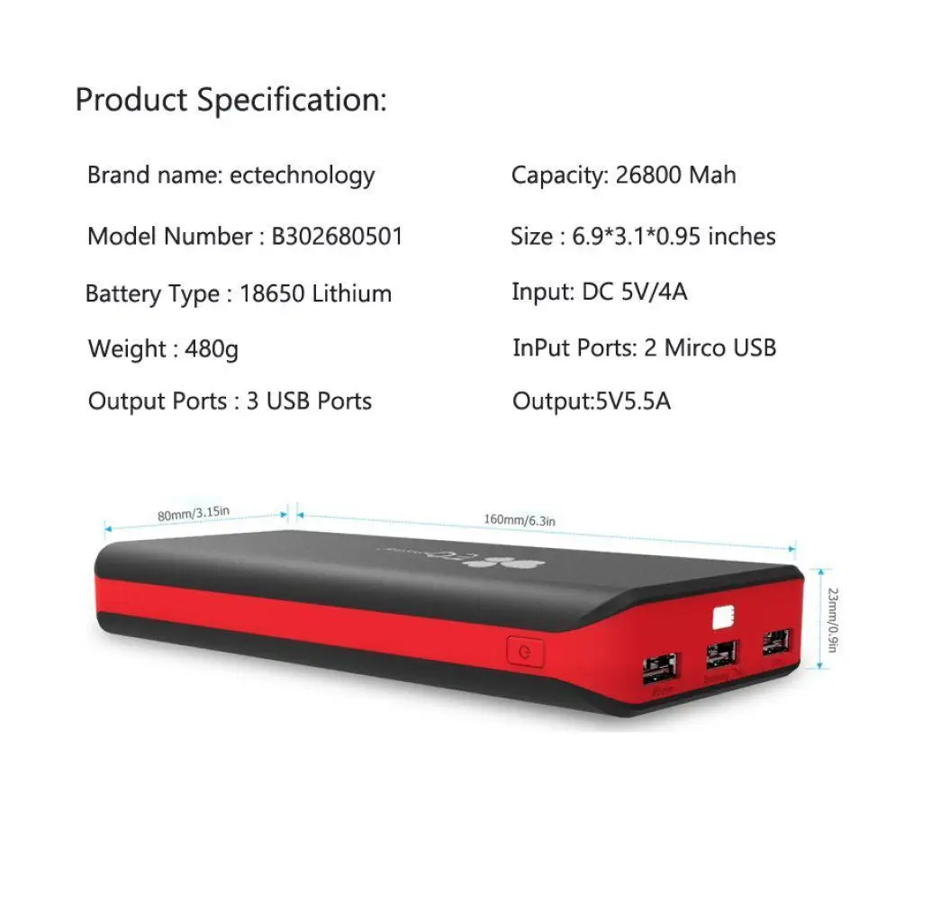 26800 мАч банк питания Двойной вход быстрое зарядное устройство 3 USB выхода