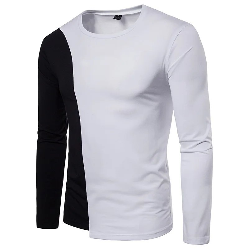 Mens fashion autumn winter two color stitching design casual round T shirts neck long sleeves clothing t shirt male tops | Мужская