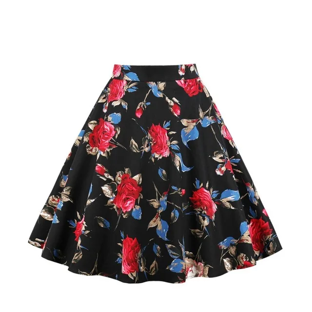 50s Vintage Woman Retro Red Rose Flower Bouquet Floral Print High Waist Midi Skirts Knee-Length Long Saia Feminina Ladies Skirt - Цвет: Picture color