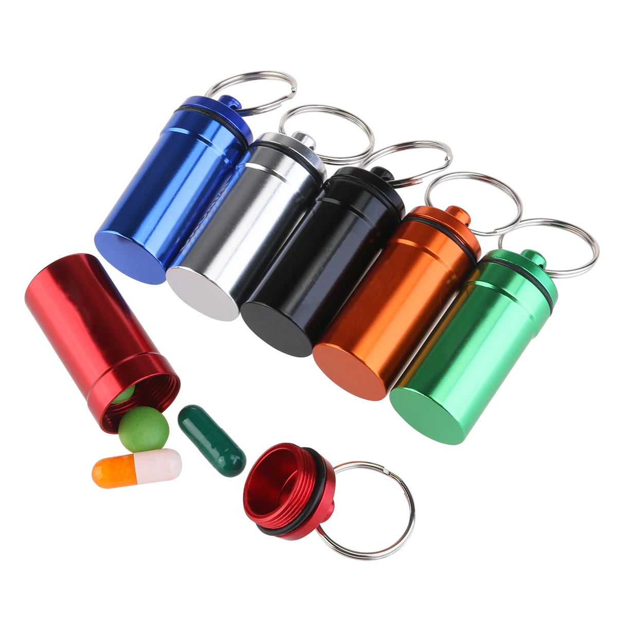 6pcs Waterproof First Aid Container Pill Holder Keychain Case (Black &amp Red Blue Silver Orange Green) | Спорт и развлечения