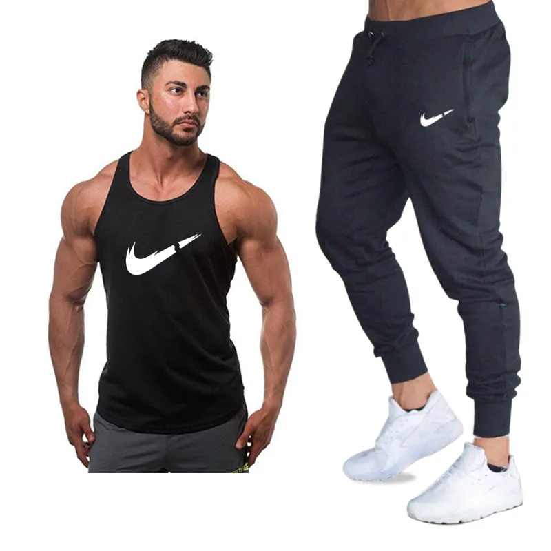 Bodybuilding new vest men's LOGO printing + pants sports tight high elastic brand sportswear summer suit | Мужская одежда