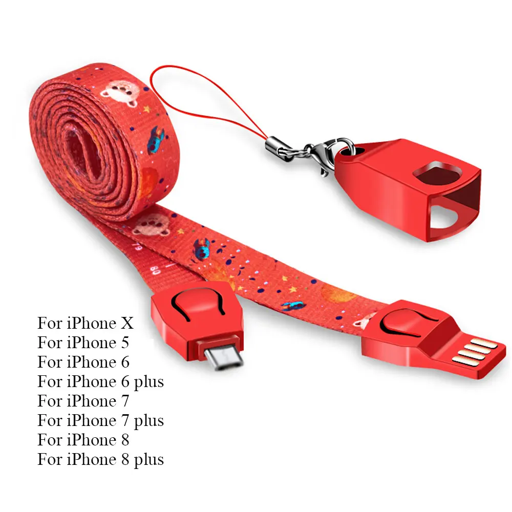 Ascromy мобильный ремень для телефона шеи ремешок на запястье USB кабель для iPhone X 7 8 Plus 6 6 S 5 type C Micro мобильный телефон USB Мультяшные шнурки - Цвет: Neck Strap for apple