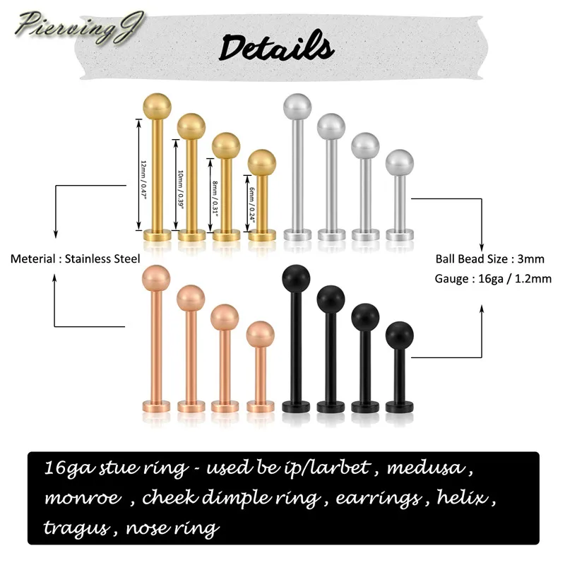 

PiercingJ 8-16pcs 316L Stainless Steel Mixed 6-12mm Bar 16G Labret Monroe Lip Rings Cartilage Helix Tragus Nose Piercing Jewelry