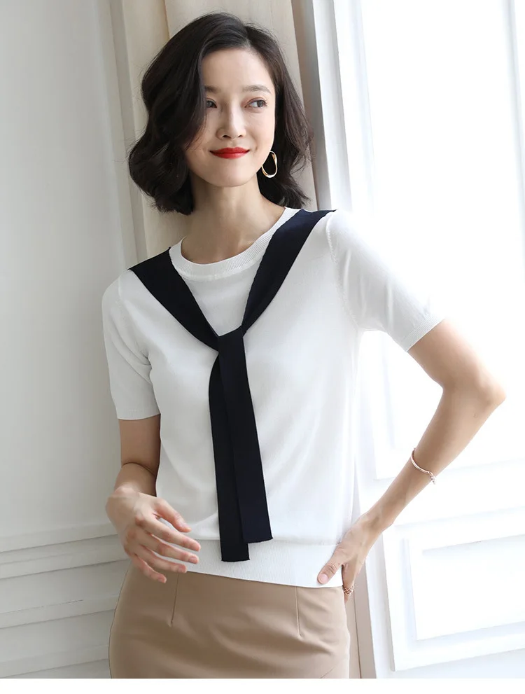 Suvance 2019 Summer Office Lady Knitted O Neck 3 Solid Color Short Sleeve Thin Sweater Size S-xl Women Loose Pullover Jl-hy1929 | Женская