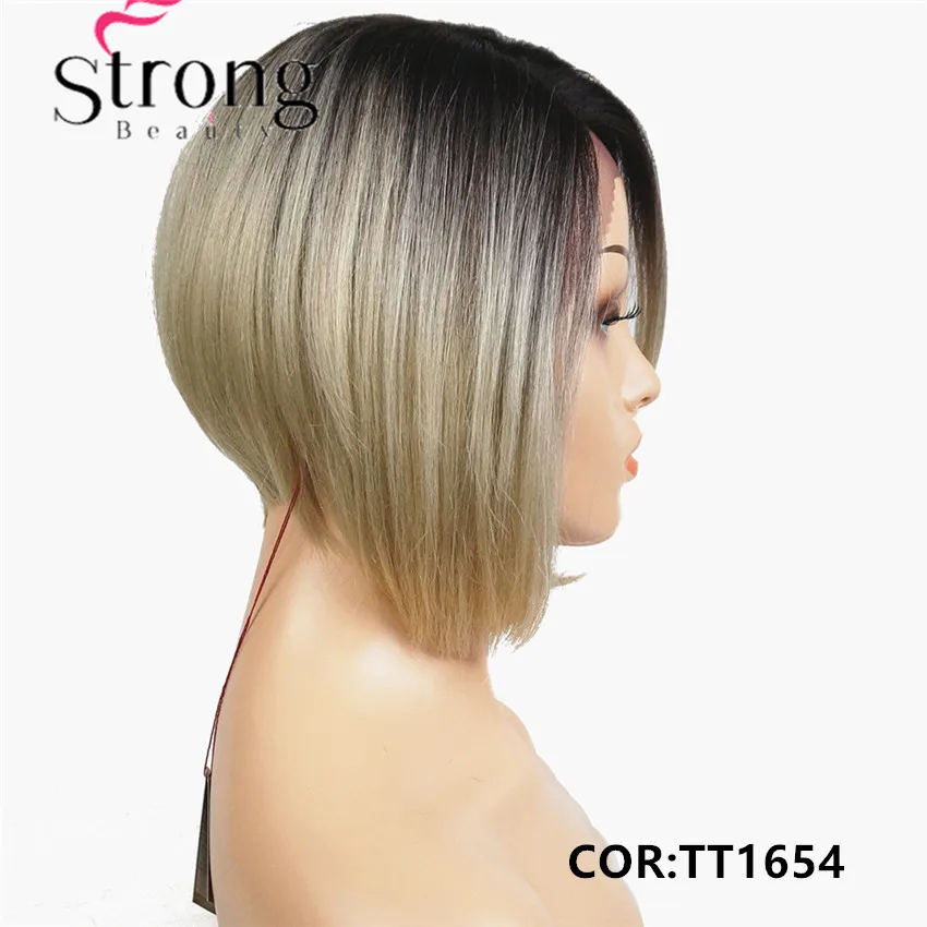StrongBeauty боб парик на кружеве с L часть парик на шнурке Омбре блонд черный корень ручная вязка невидимые Синтетические прямые парики