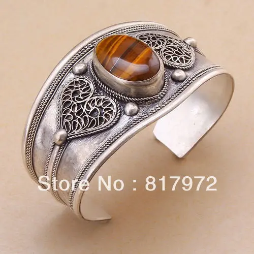 

Retro tibet silver heart love bling inlay bead cuff bracelet Vintage style Adjustable Party Gift &6YB00006