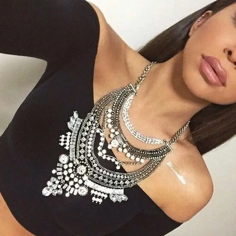 Boho Vintage Necklace for Women Antique Silver Crystal Tassel Statement Necklaces &amp Pendants Bohemian Maxi Jewelry | Украшения и