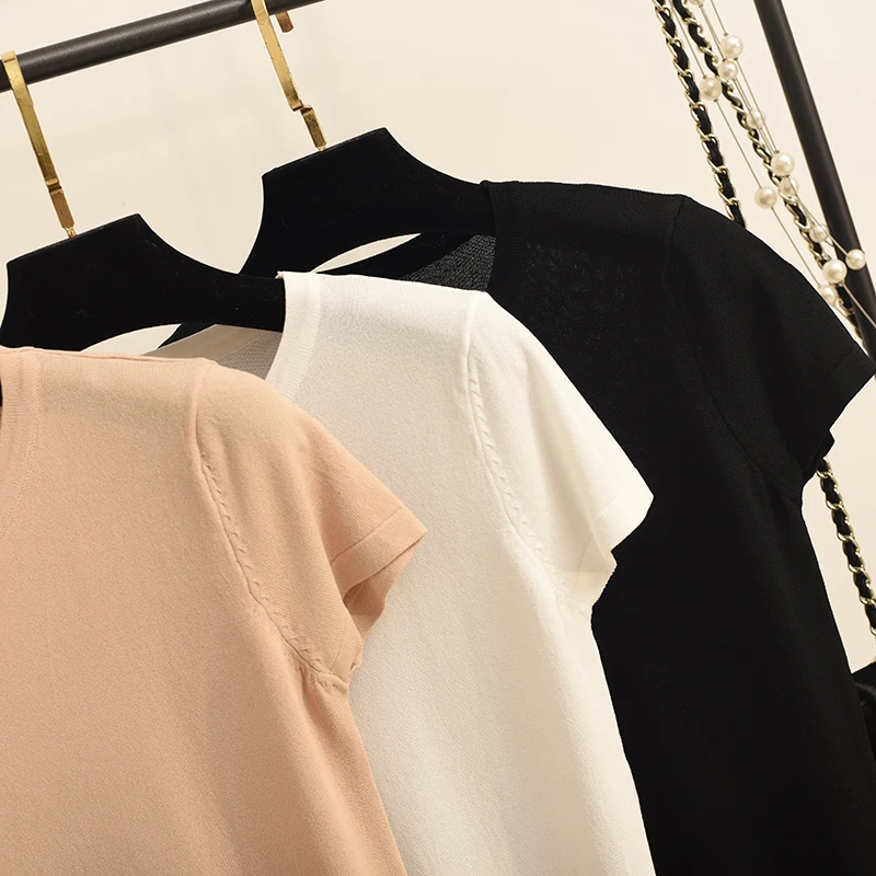 Лето 2019 новый пуловер с круглым вырезом вязаный короткий рукав женская футболка