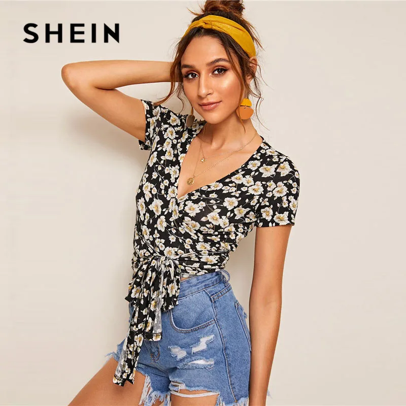 SHEIN Женская короткая футболка с цветочным принтом и завязками спереди, облегающий топ с v-образным вырезом, короткий рукав, летняя женская футболка