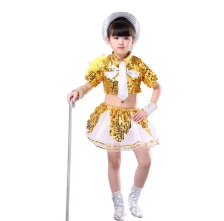 girl gold skirt set Детская одежда с пайетками, комплект для детей, сценическое шоу, джазовый танец, блестящая подвеска одежда Кепка, жилет, брюки для мальчиков и девочек, сценическое платье - Цвет: girl gold skirt set
