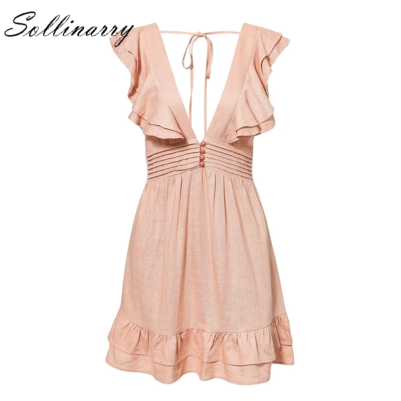 Sollinarry Sexy Short Party Dresses Women Summer V Neck Pleated Waist Ruffle Casual Dress Lace up Holiday Feme Vestidos | Женская одежда