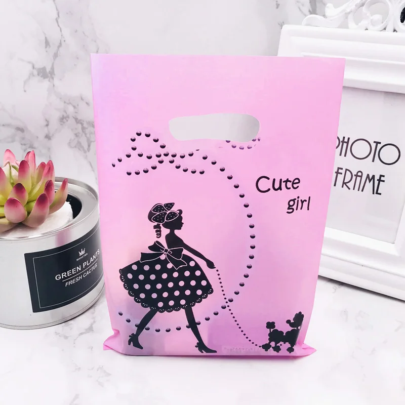 100pcs 15x20cm Girl Dog Pink Black Plastic Gift Bag Favor Jewelry Boutique Gift Packaging Plastic Shopping Bags With Handle