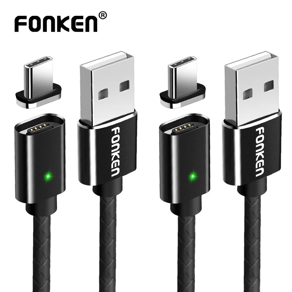 Магнитный кабель FONKEN Type C USB для телефона 1 м 2.4A светодиодный мобильного зарядного