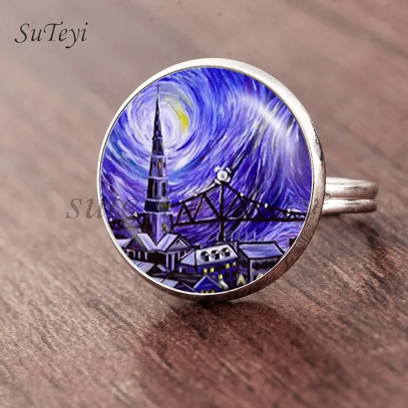 silver SUTEYI классические круглые стеклянные кольца художественная живопись регулируемое кольцо Звездная ночь Винсента Ван Гога 1889 ручной работы кольцо на память - Цвет основного камня: silver