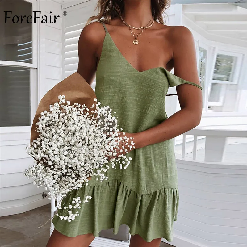 Forefair Мини Летнее платье на бретелях с открытыми плечами желто-белое с рюшами размера плюс Свободный Повседневный льняной сарафан сексуальное пляжное платье для женщин