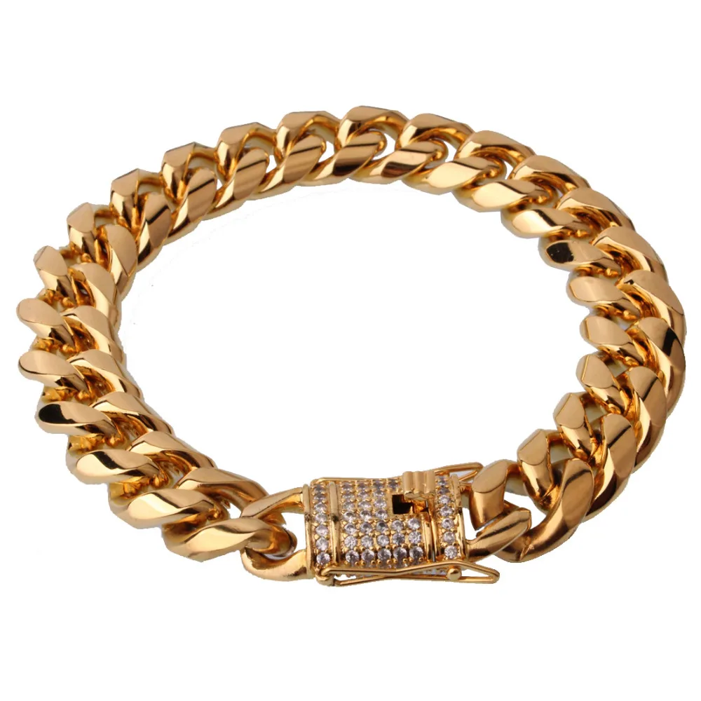 

15mm Gold Tone Stainless Steel Miami Curb Cuban Link Chain Bracelet Punk Men's Cuff Jewelry Shiny CZ Clasp 7-11" Custom Sizes