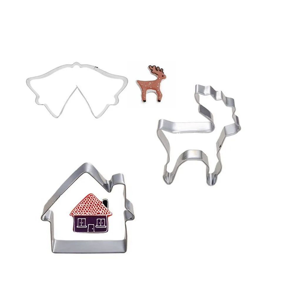 

New 3pcs /Set Christmas Mold Cookie Cake Decorating Metal Mould Bell Elk House Biscuit Press Stainless Steel Kitchen Accessories