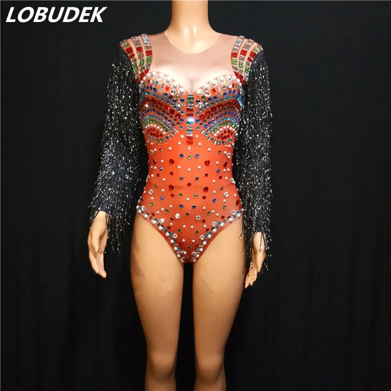 Black Tassel Sleeve Colorful Rhinestones Bodysuit Nightclub Lady DJ Singer Performance Costume Elastic Skinny Catsuit Stage Wear